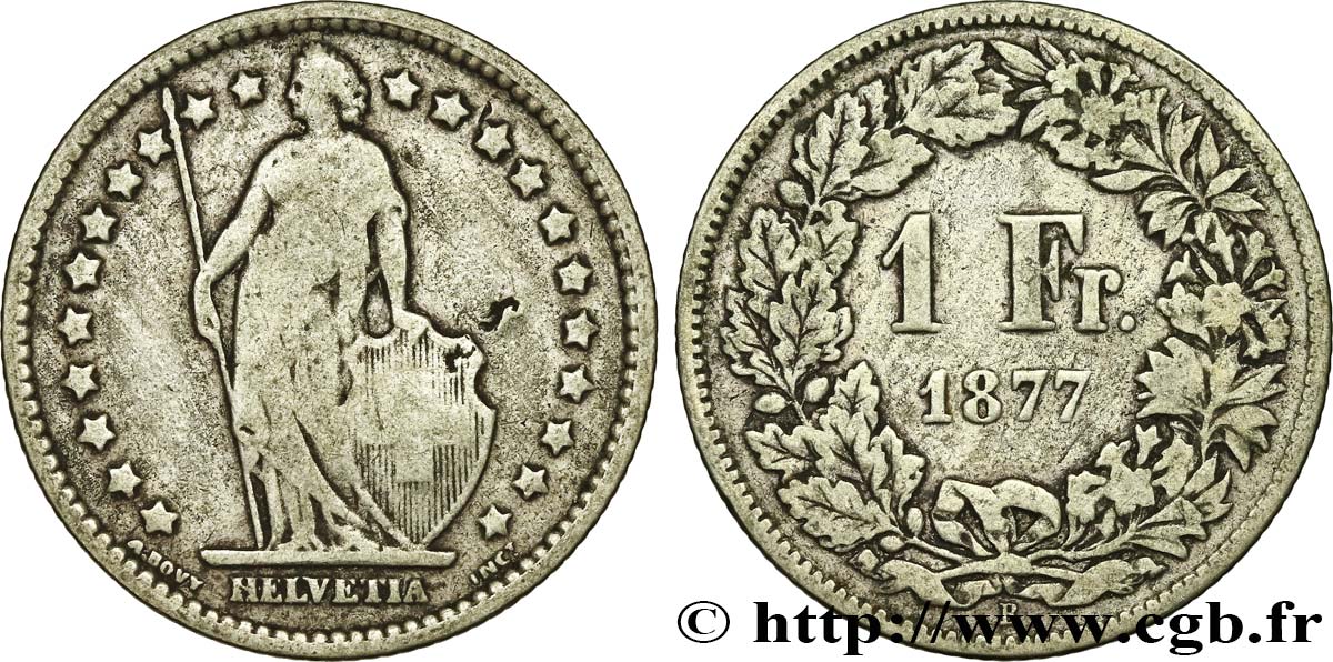 SWITZERLAND 1 Franc Helvetia 1877 Berne VF 