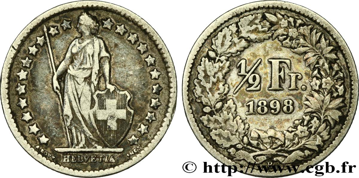 SWITZERLAND 1/2 Franc Helvetia 1898 Berne VF 