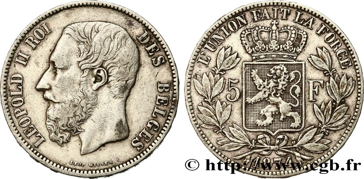 BELGIUM 5 Francs Léopold II  1874  XF 