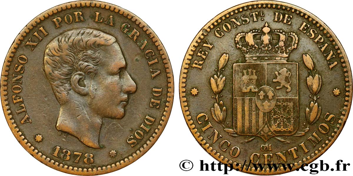 SPAIN 5 Centimos Alphonse XII 1878 Oeschger Mesdach & CO VF/MS 