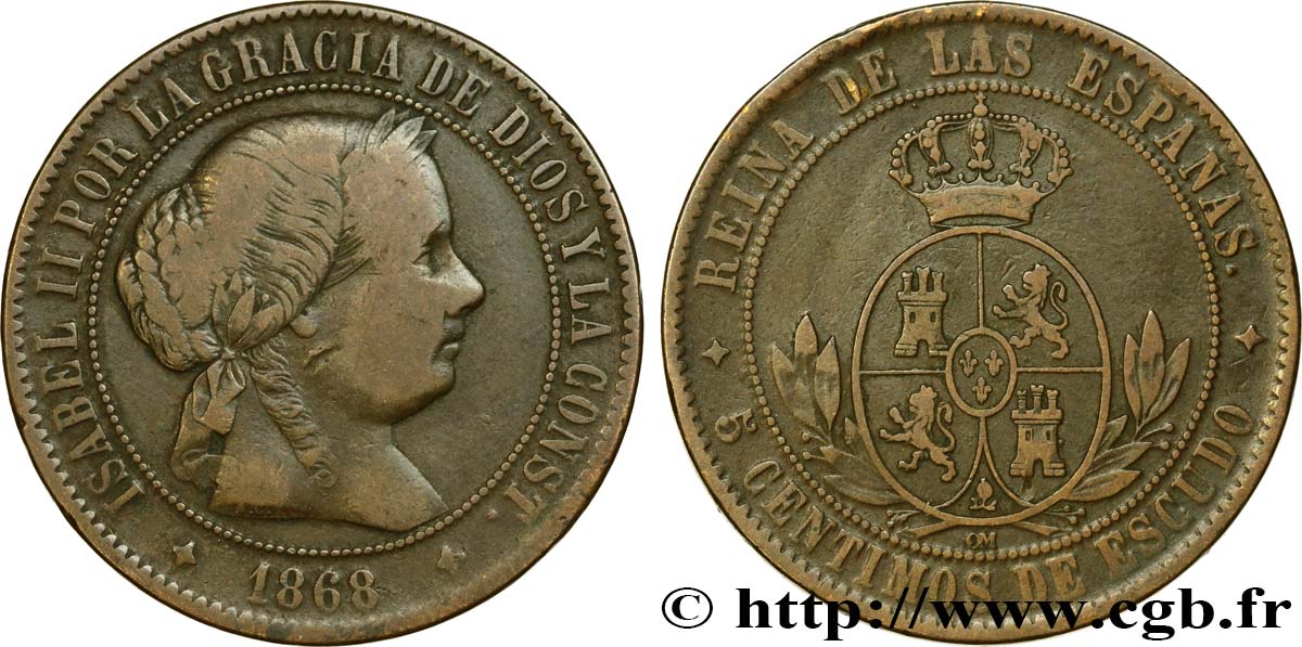 SPAIN 5 Centimos de Escudo Isabelle II 1868 Oeschger Mesdach & CO VF 