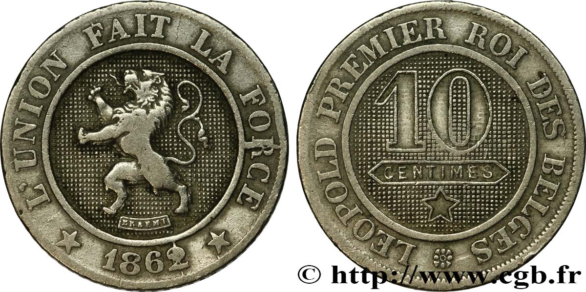 BÉLGICA 10 Centimes lion 1862  MBC 