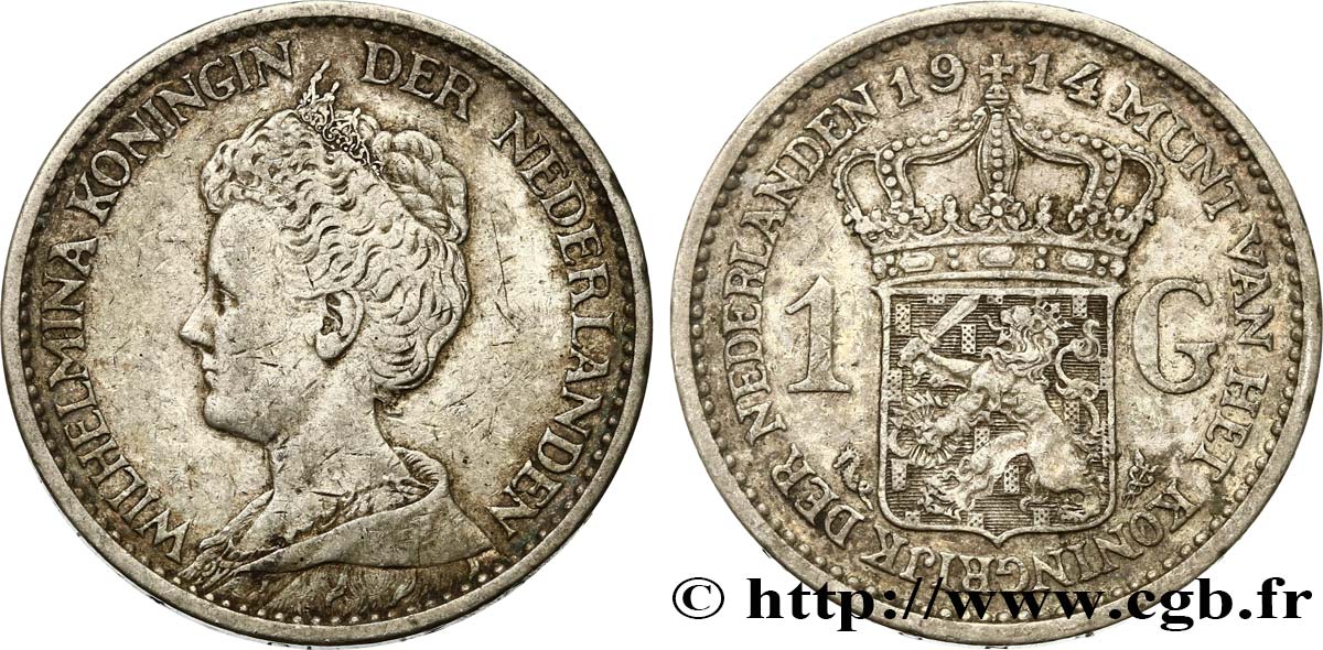 NETHERLANDS 1 Gulden Wilhelmina 1914  XF 