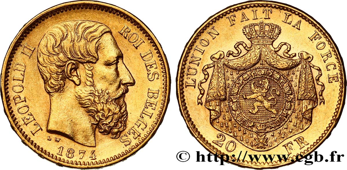 BELGIUM 20 Francs Léopold II 1874 Bruxelles AU 