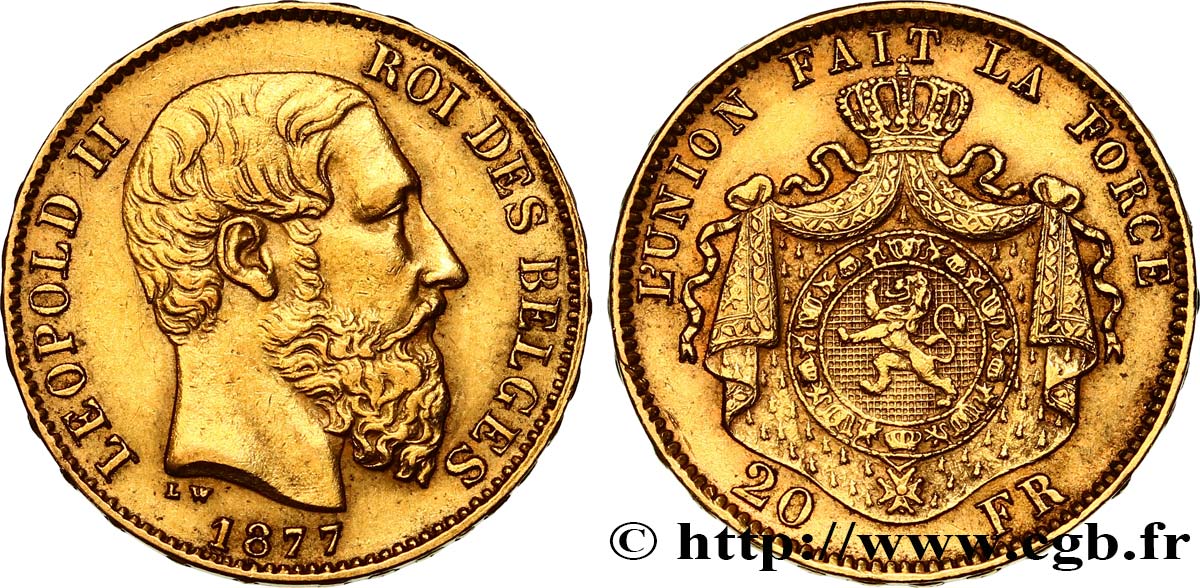 BÉLGICA 20 Francs or Léopold II 1877 Bruxelles MBC+ 