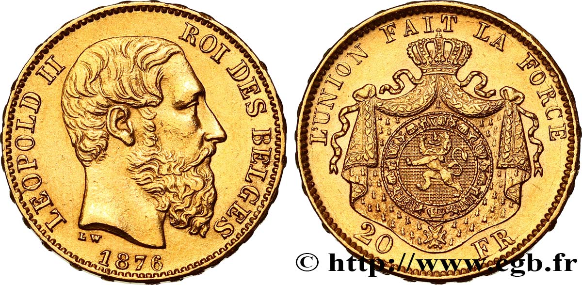 BELGIEN 20 Francs Léopold II 1876 Bruxelles fVZ 