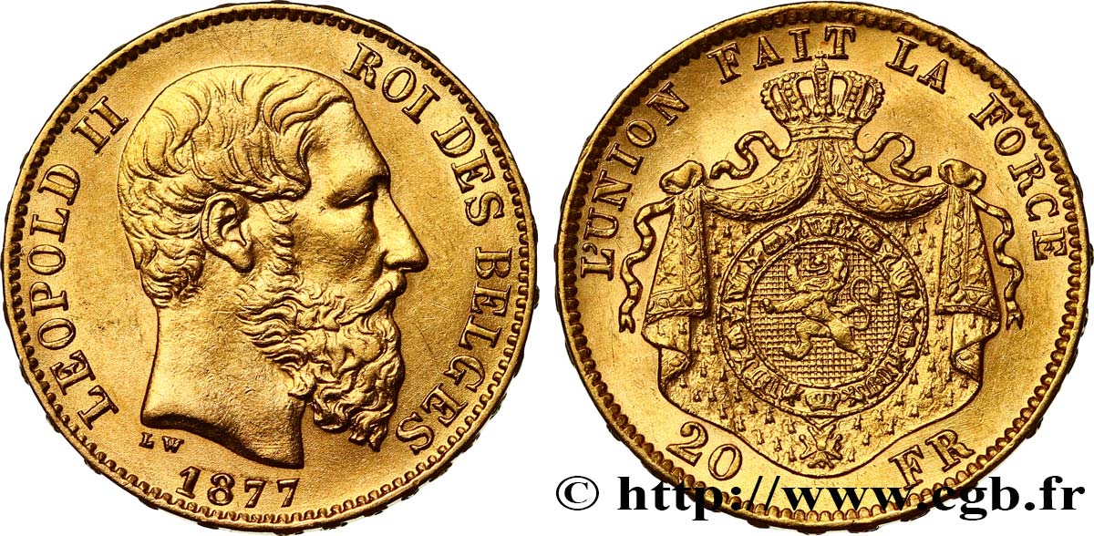 BELGIQUE 20 Francs or Léopold II 1877 Bruxelles TTB+ 