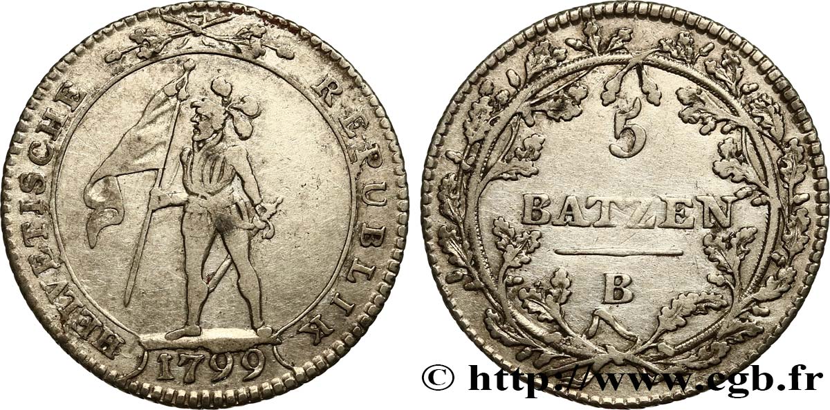 SUIZA - REPÚBLICA HELVÉTICA 5 Batzen 1799 Berne BC+ 
