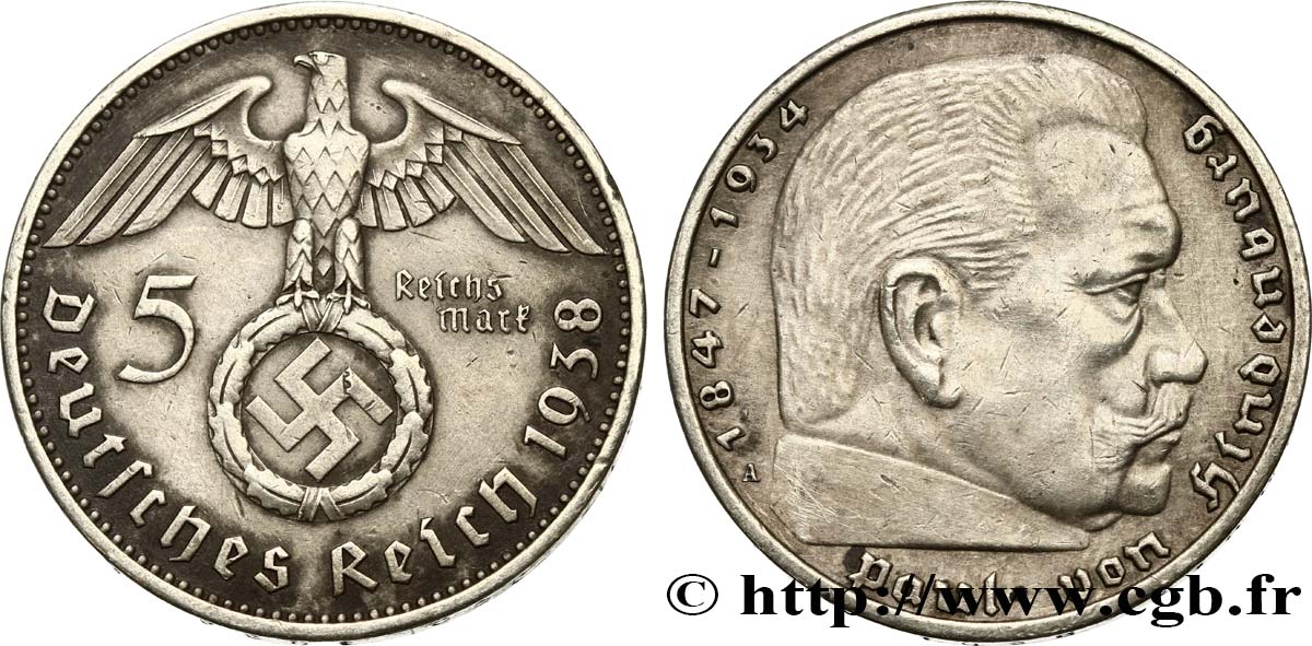 LARGE 1938 PAUL VON HINDENBURG GERMAN 5 REICHSMARK WWII COMMEMORATIVE COIN