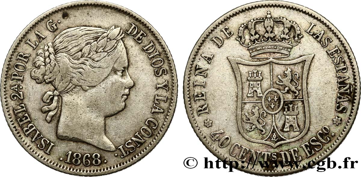 SPAIN 40 Centimos Isabelle II  1868 Madrid VF 