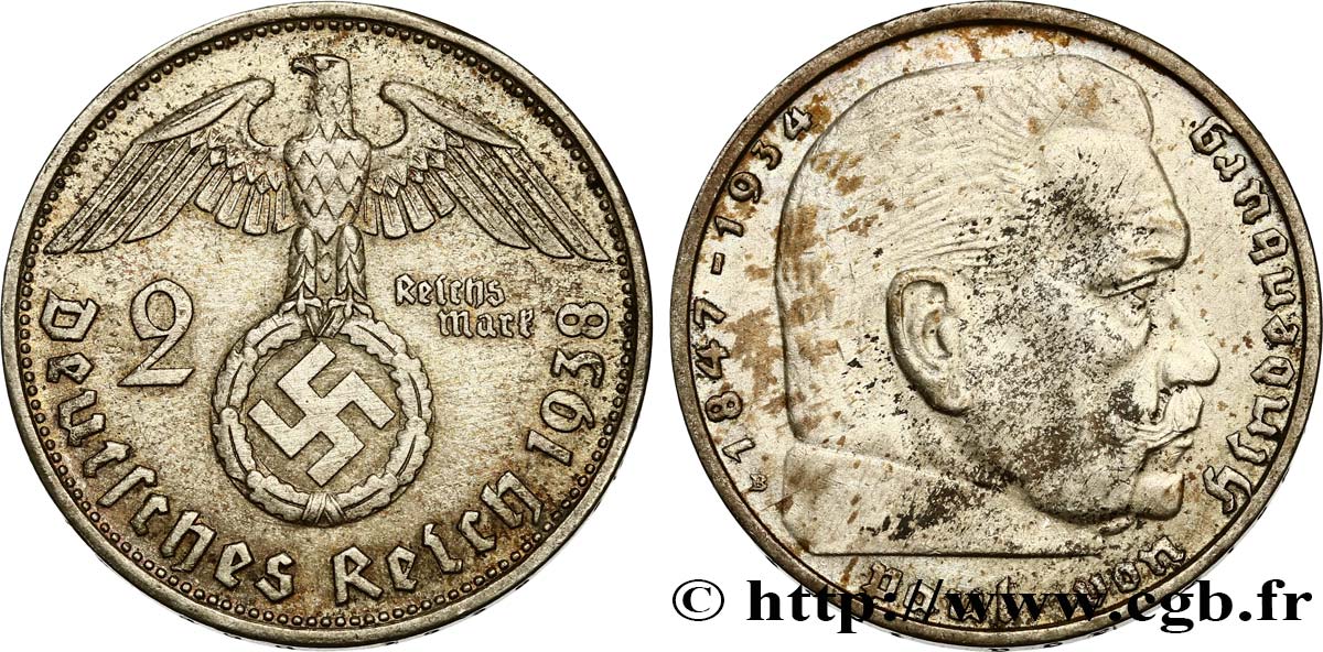 ALLEMAGNE 2 Reichsmark Maréchal Paul von Hindenburg 1938 Vienne SUP 