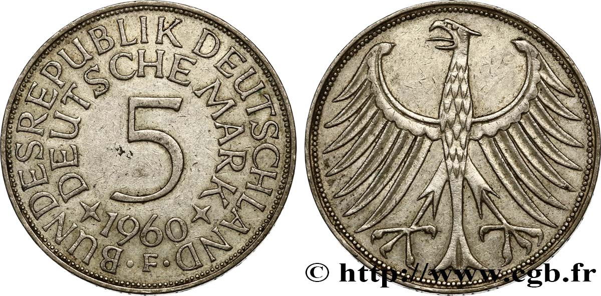 ALEMANIA 5 Mark aigle héraldique 1960 Stuttgart MBC+ 