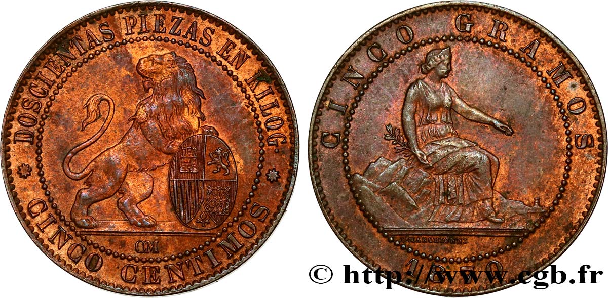 SPAIN 5 Centimos 1870 Oeschger Mesdach & CO AU 