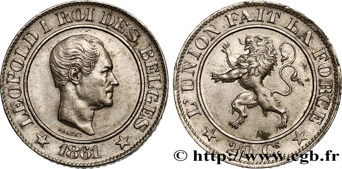 BELGIUM 20 Centimes Léopold Ier 1861  AU 