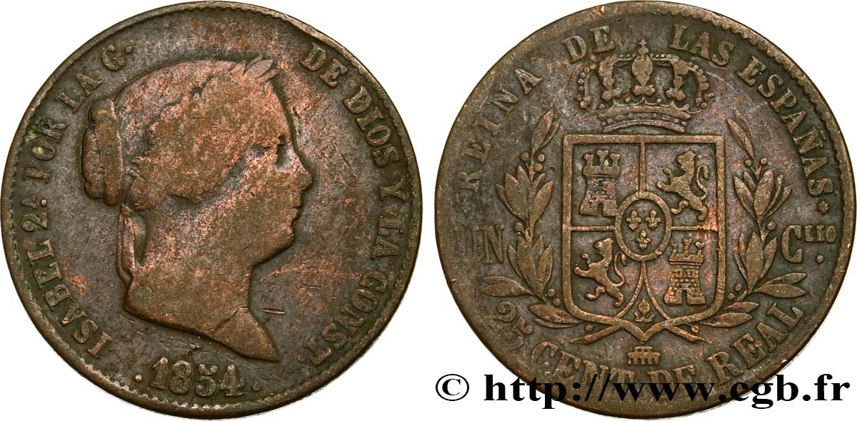 SPAIN 25 Centimos de Real (Cuartillo) Isabelle II 1854 Ségovie VF 