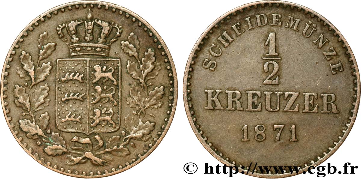 GERMANIA - WÜRTEMBERG 1/2 Kreuzer Royaume du Würtemberg 1871 Stuttgart BB 