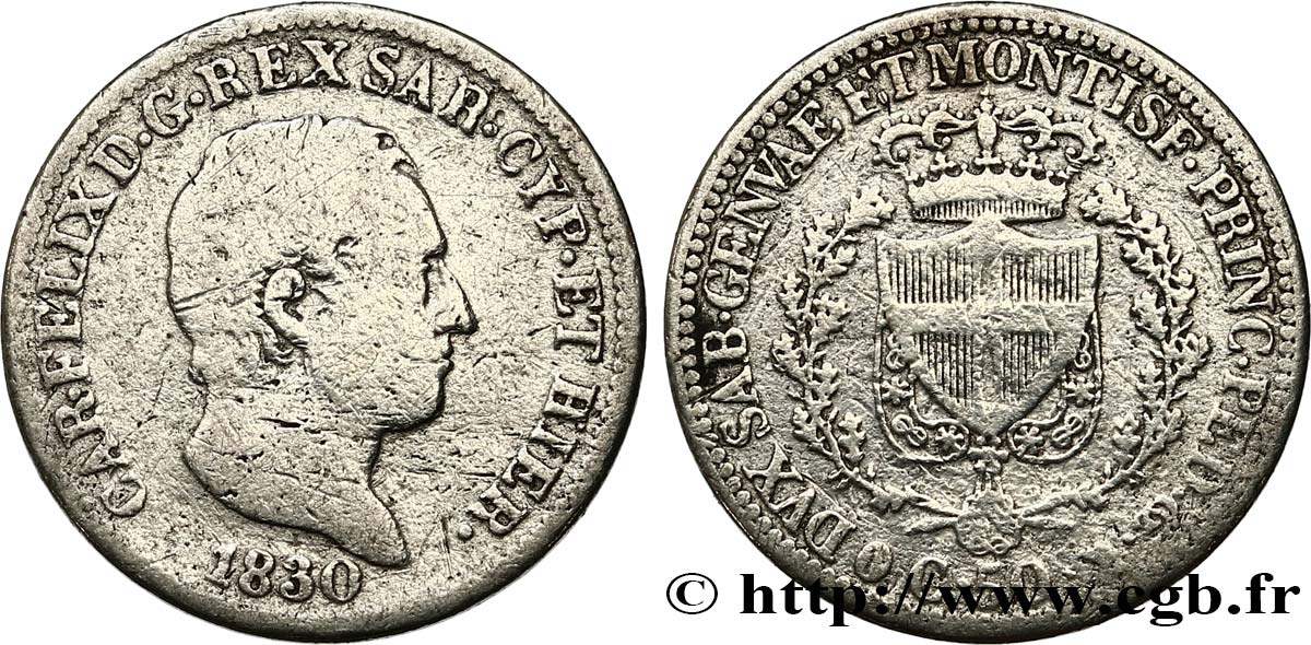 ITALY - KINGDOM OF SARDINIA 50 Centesimi Charles Félix 1830 Turin VF 