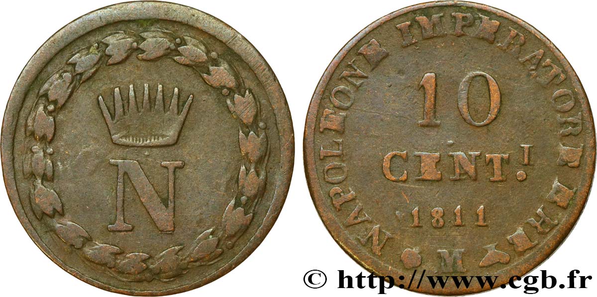 ITALIE - ROYAUME D ITALIE - NAPOLÉON Ier 10 centesimi 1811 Milan TB+ 
