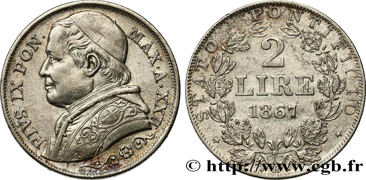 VATICAN ET ÉTATS PONTIFICAUX 2 Lire Pie IX an XXII 1867 Rome TTB 