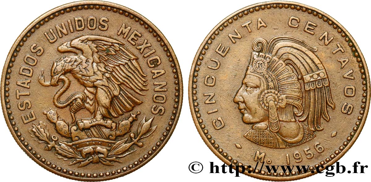MEXIQUE 50 Centavos aigle / l’empereur Cuauhtémoc 1956 Mexico TTB 