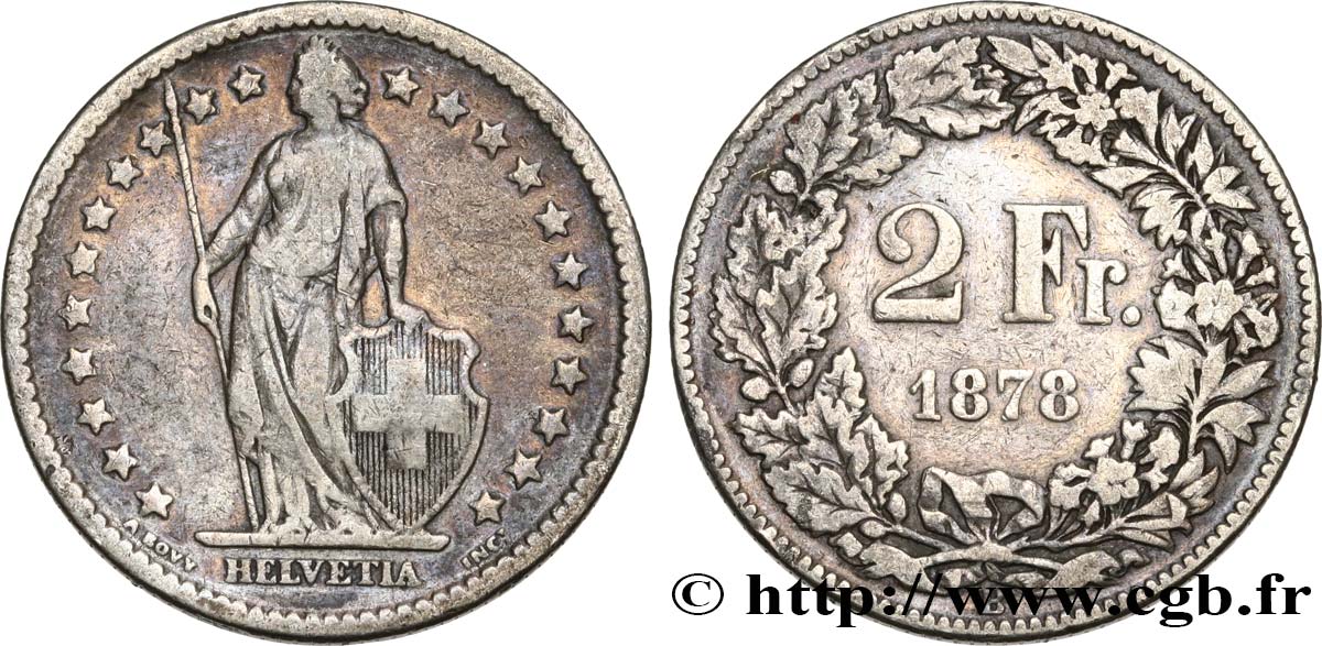 SUIZA 2 Francs Helvetia 1878 Berne BC 