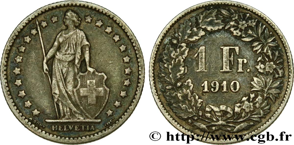 SWITZERLAND 1 Franc Helvetia 1910 Berne - B XF 