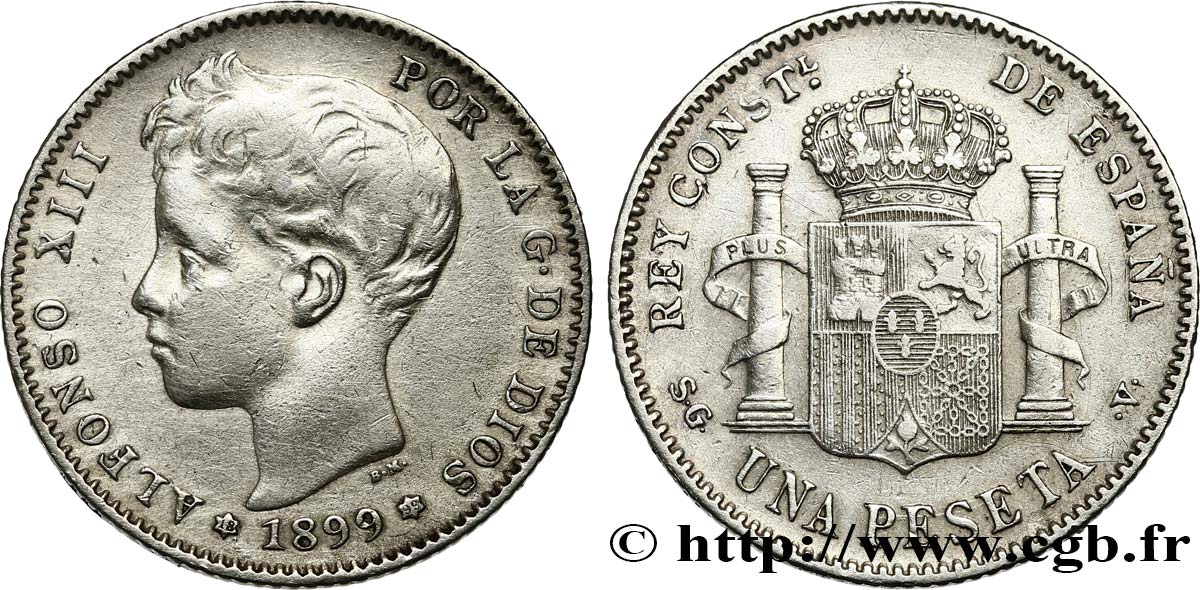 ESPAÑA 1 Peseta Alphonse XIII 3e type de buste 1899 Madrid MBC 