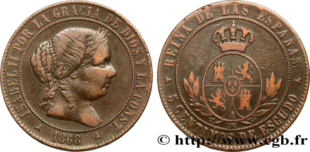 ESPAÑA 5 Centimos de Escudo Isabelle II / écu couronné 1868 Oeschger Mesdach & CO MBC 