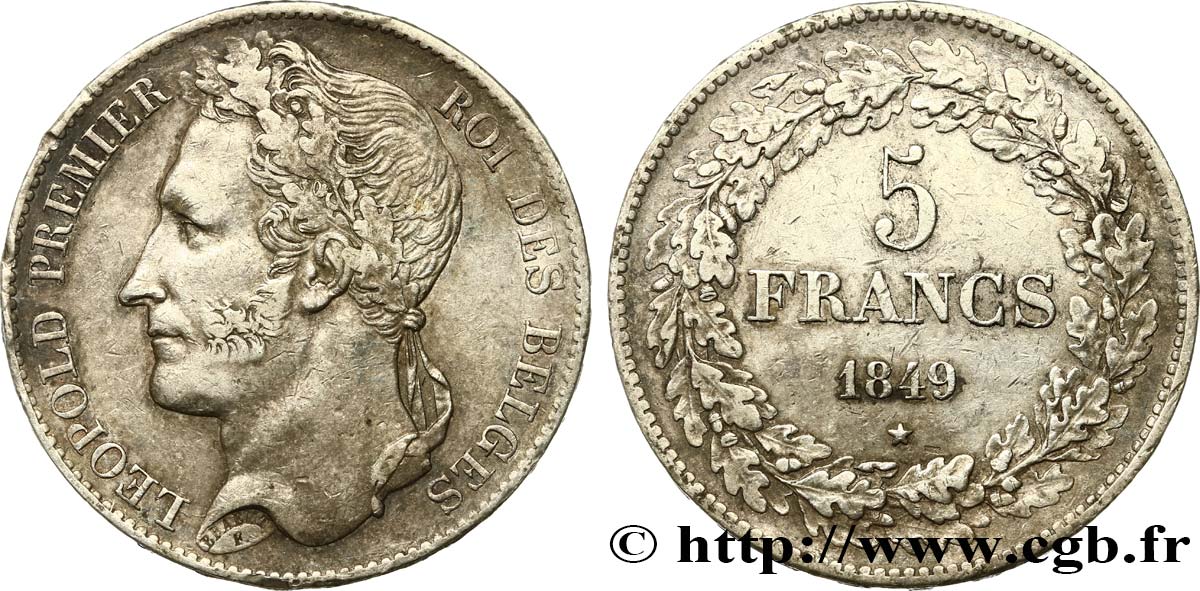 BELGIQUE 5 Francs Léopold Ier tête laurée 1849  TTB 