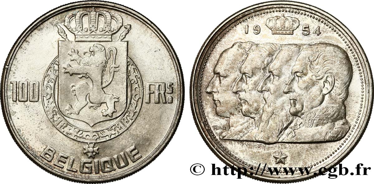 BELGIQUE 100 Francs armes au lion / portraits des quatre rois de Belgique, légende française 1954  SUP 