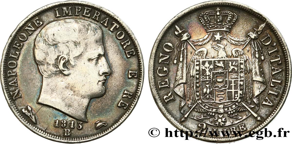 ITALY - KINGDOM OF ITALY - NAPOLEON I 2 Lire 1813 Bologne XF 