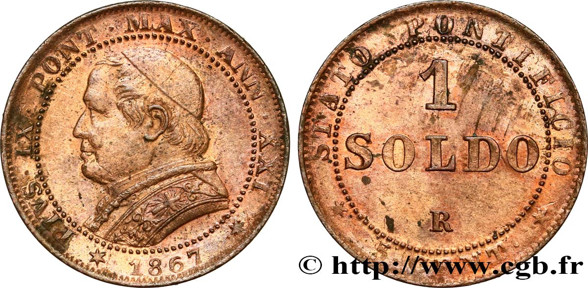 VATIKANSTAAT UND KIRCHENSTAAT 1 Soldo an XXI buste large 1867 Rome fVZ/VZ 