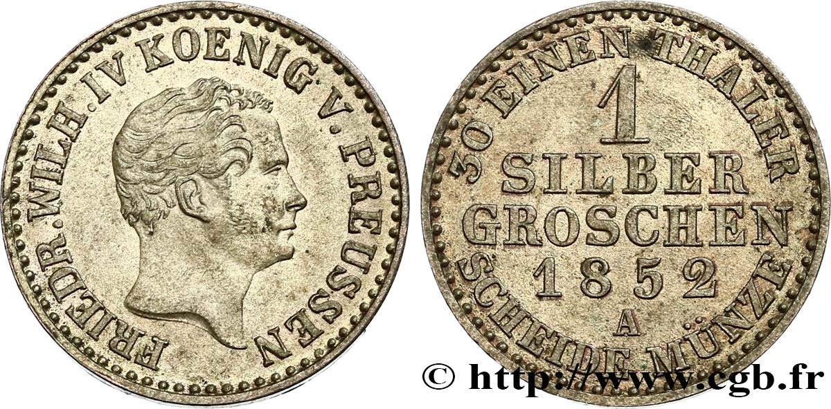 GERMANY - KINGDOM OF PRUSSIA - FREDERICK-WILLIAM IV 1 Silbergroschen 1852 Berlin AU 