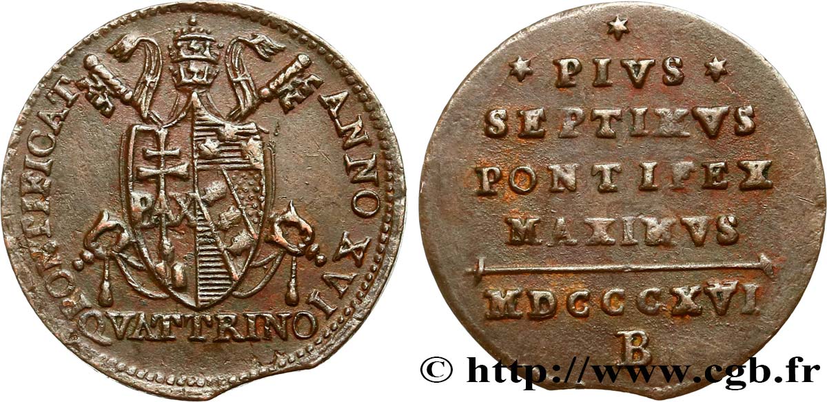 VATICANO E STATO PONTIFICIO 1 Quattrino Pie VII an XVI 1816 Bologne q.SPL/BB 