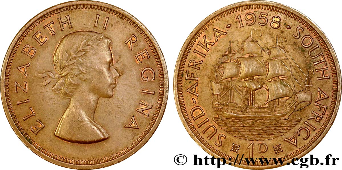 AFRIQUE DU SUD 1/2 Penny (Farthing) Elisabeth II / voilier 1958  SUP 