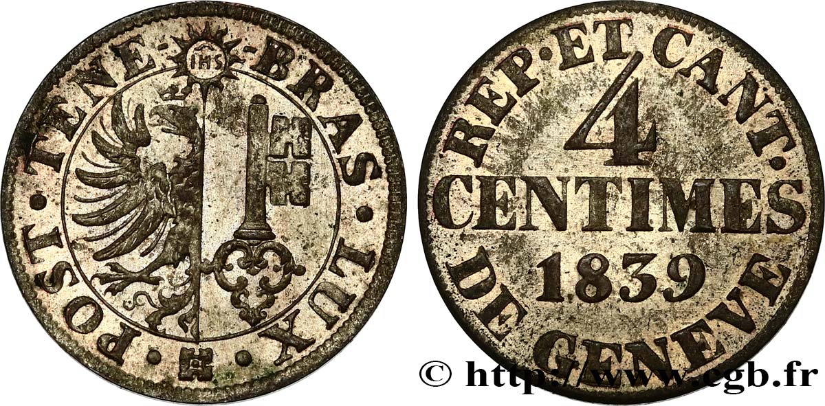 SWITZERLAND - REPUBLIC OF GENEVA 4 Centimes 1839  AU 
