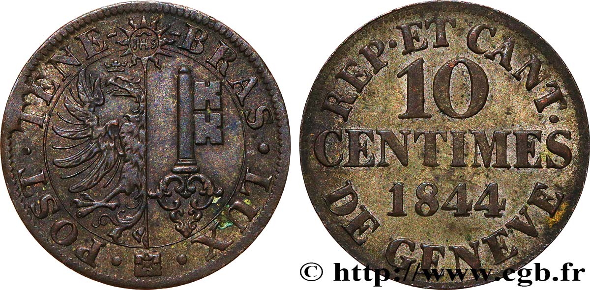 SWITZERLAND - REPUBLIC OF GENEVA 10 Centimes 1844  AU 
