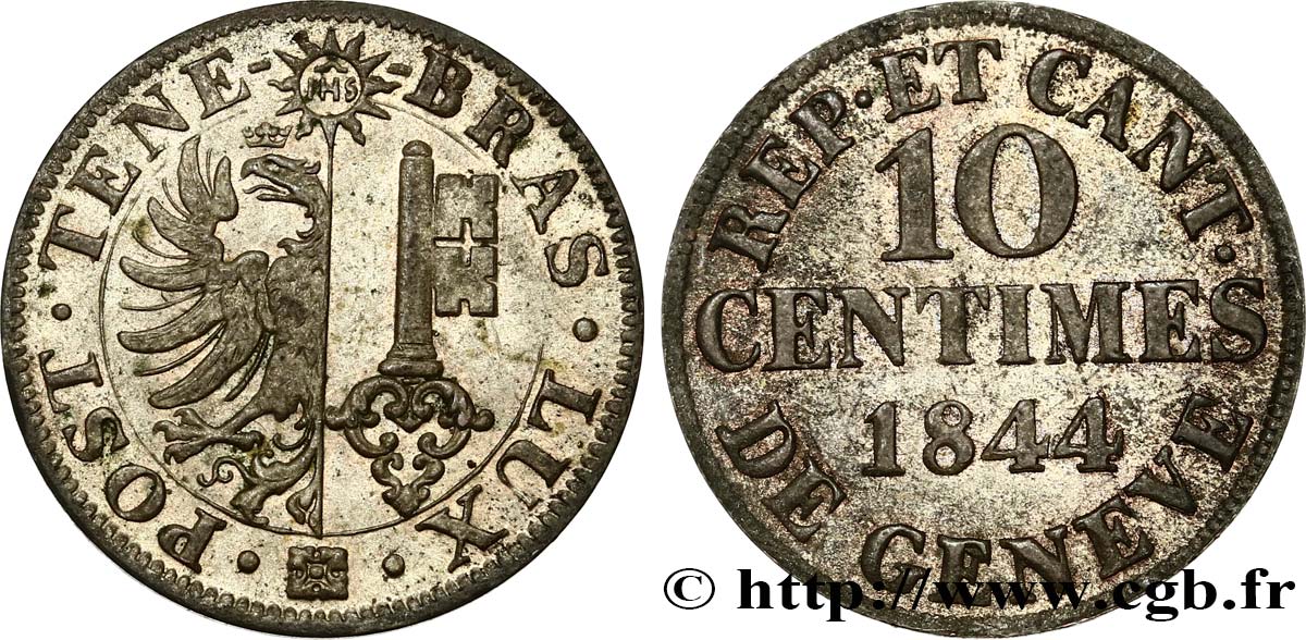 SWITZERLAND - REPUBLIC OF GENEVA 10 Centimes 1844  AU 