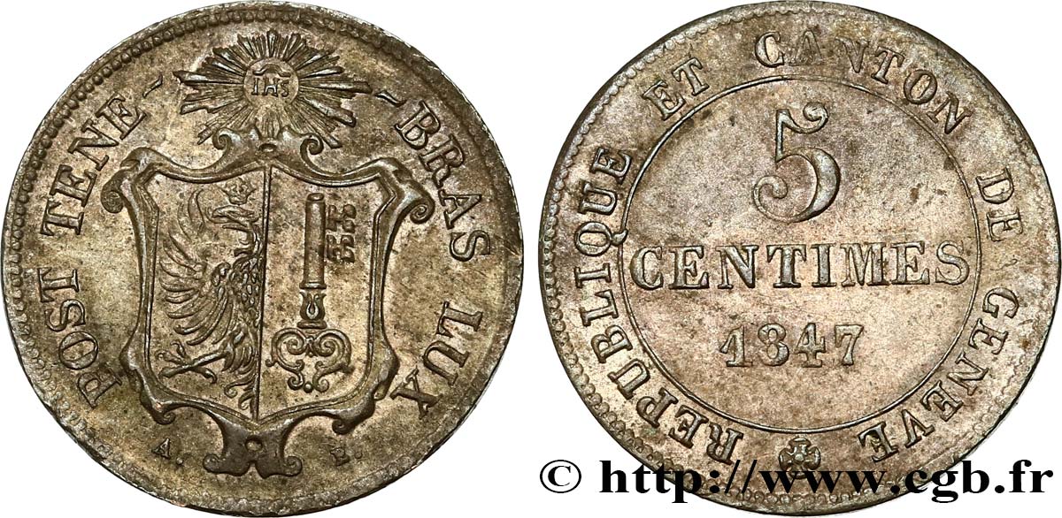 SWITZERLAND - REPUBLIC OF GENEVA 5 Centimes 1847  AU 