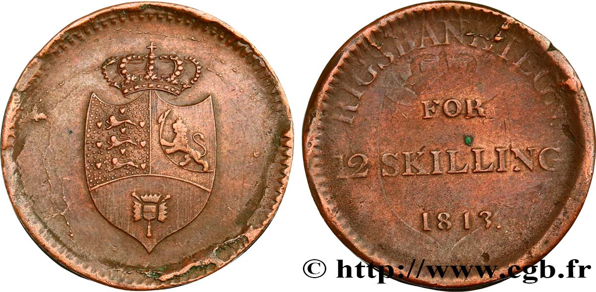 DANEMARK 12 Skilling Rigsbanktegn (jeton de la banque nationale) armes couronnée du Danemark, de Norvège et du Holstein 1813  TTB 