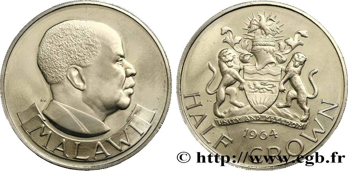 MALAWI 1/2 Crown Proof Hastings Kamuzu Banda 1964  fST 