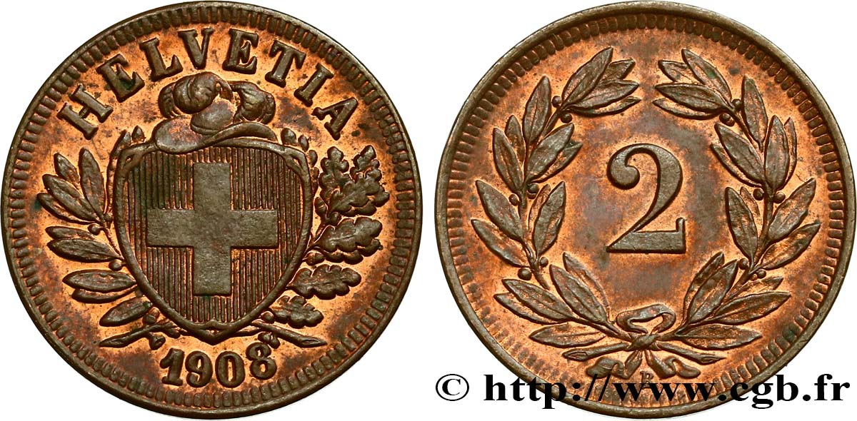 SCHWEIZ 2 Centimes 1908 Berne VZ 