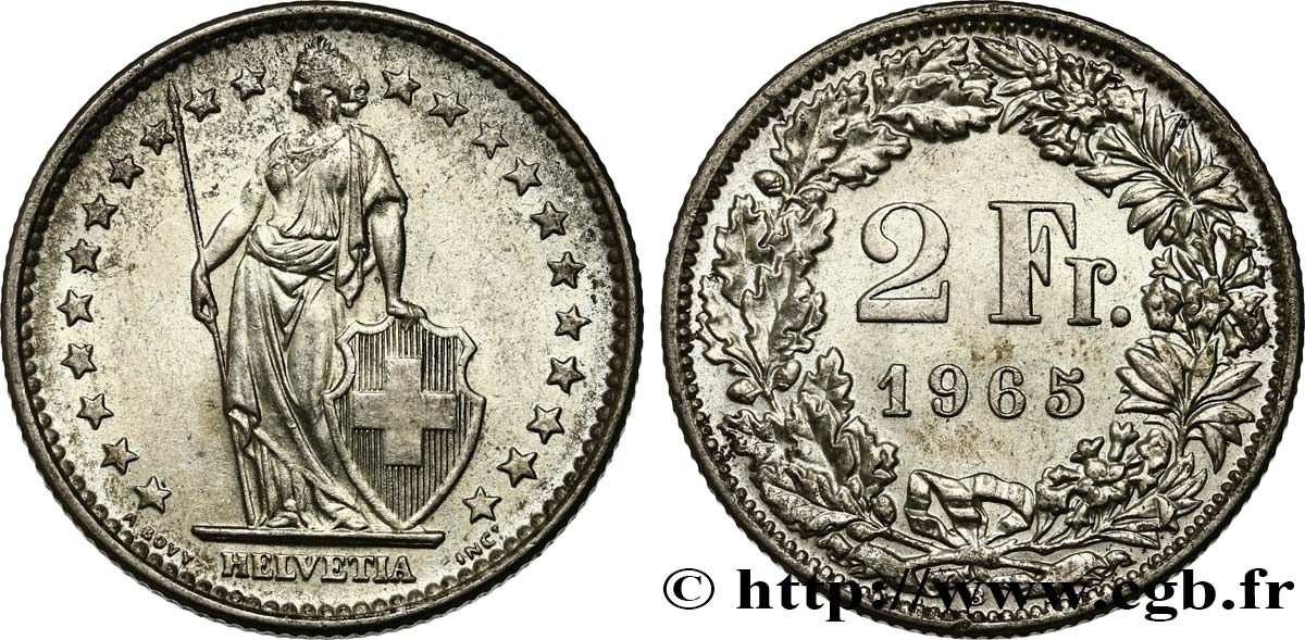 SWITZERLAND 2 Francs Helvetia 1965 Berne MS 