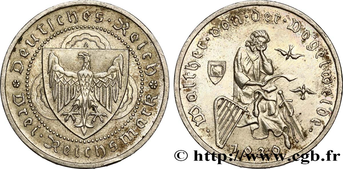 DEUTSCHLAND 3 Reichsmark Walther von der Vogelweide 1930 Berlin VZ 