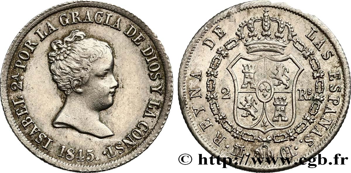 SPAIN - KINGDOM OF SPAIN - ISABELLA II 2 Reales 1845 Madrid AU/MS 