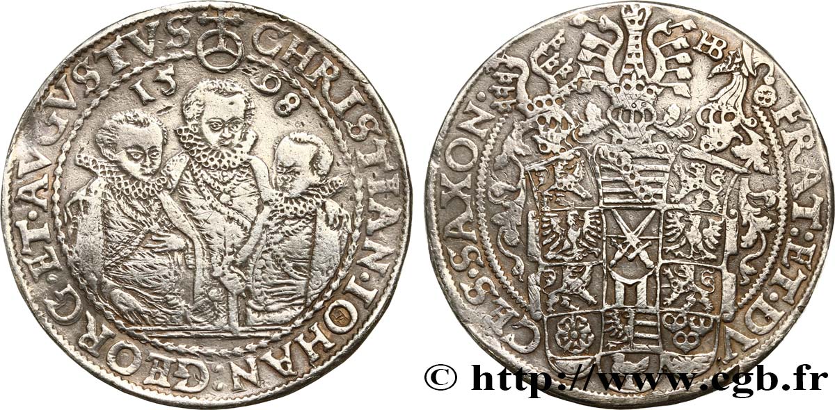 GERMANY - DUCHY OF SAXONY - ALBERTINE LINE - CHRISTIAN II, JOHN-GEORGE AND AUGUSTUS Thaler dit “des trois frères” 1598 Dresde VF 