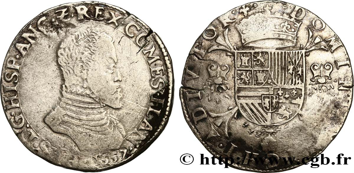 SPANISH NETHERLANDS - COUNTY OF FLANDERS - PHILIP II OF SPAIN Écu philippe ou daldre philippus 1557 Bruges VF 