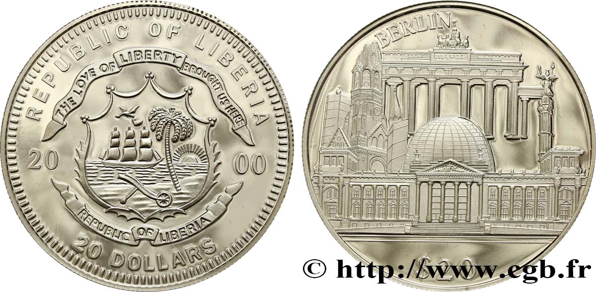 LIBERIA 20 Dollars Proof Monuments de Berlin 2000  SC 