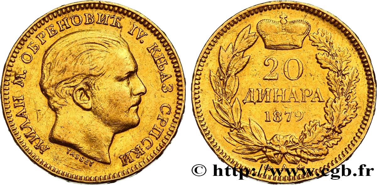 SERBIA 20 Dinara Milan IV Obrénovitch 1879 Paris MBC 