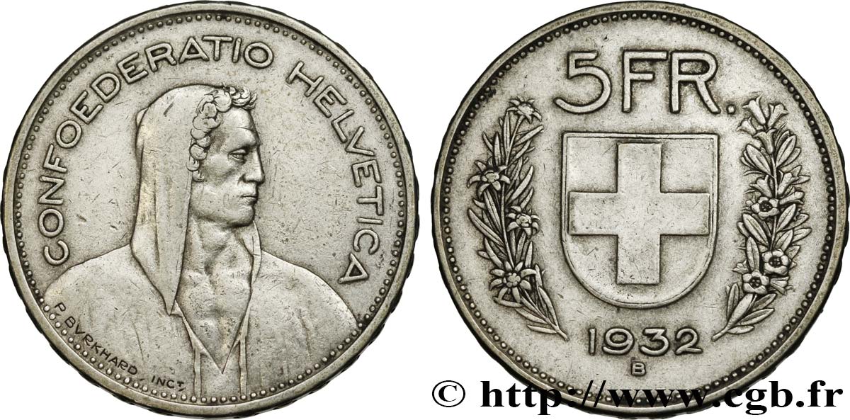 SWITZERLAND 5 Francs Berger des Alpes 1932 Berne XF 